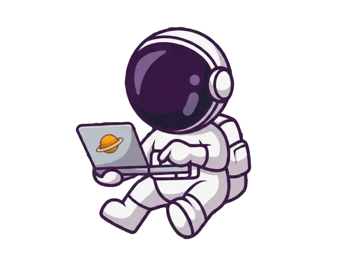 Stylized astronaut working on a laptop, representing digital innovation and web development.