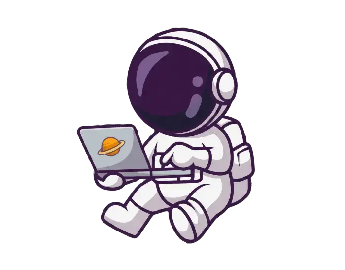 Stylized astronaut working on a laptop, representing digital innovation and web development.