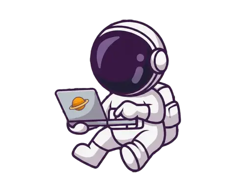 Stylized astronaut working on a laptop, representing digital innovation and web development.